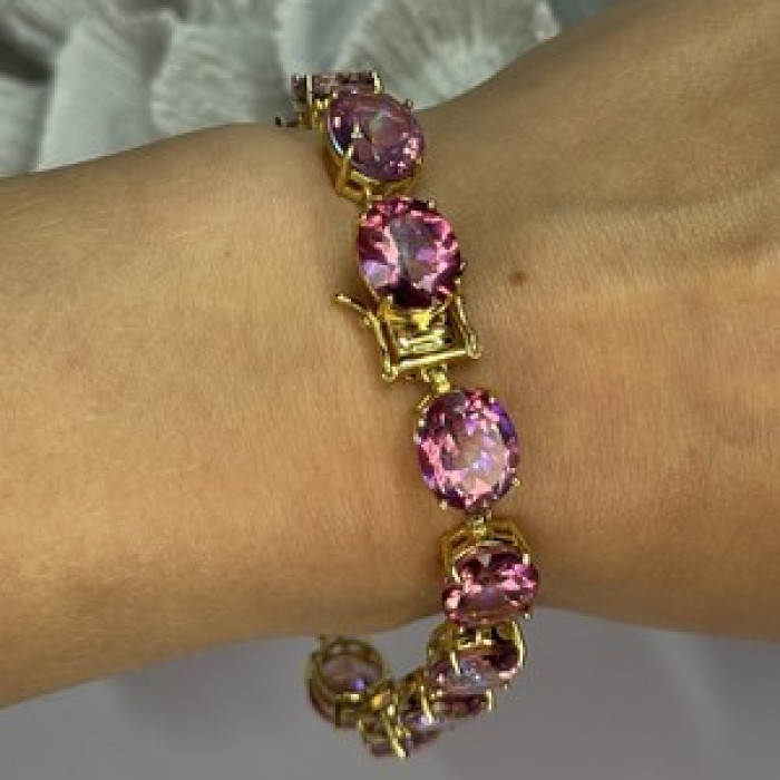 925 Sterling Silver Gold Plated Pink Mystic Topaz Bracelet Length 8.5 Inch
