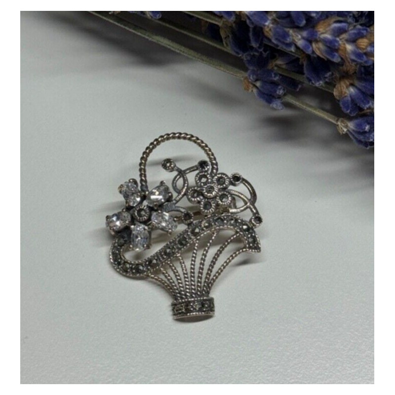 925 Sterling Silver CZ & Marcasites Flowers Brooch