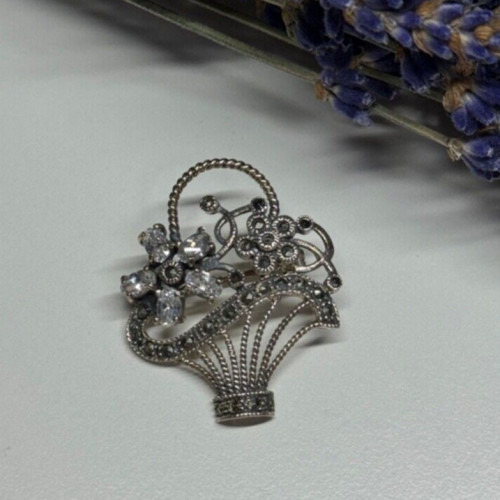 925 Sterling Silver CZ & Marcasites Flowers Brooch