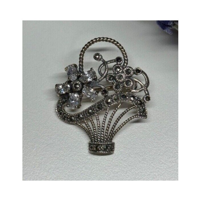 925 Sterling Silver CZ & Marcasites Flowers Brooch