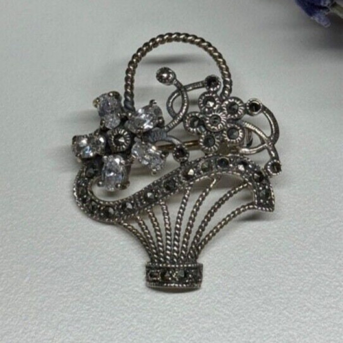 925 Sterling Silver CZ & Marcasites Flowers Brooch