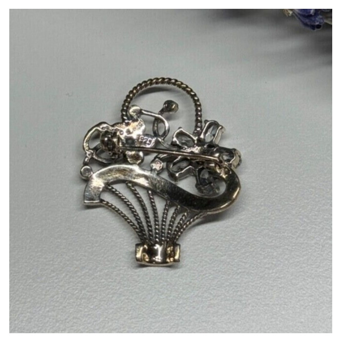 925 Sterling Silver CZ & Marcasites Flowers Brooch
