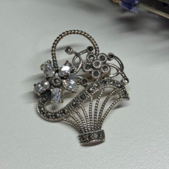 925 Sterling Silver CZ & Marcasites Flowers Brooch