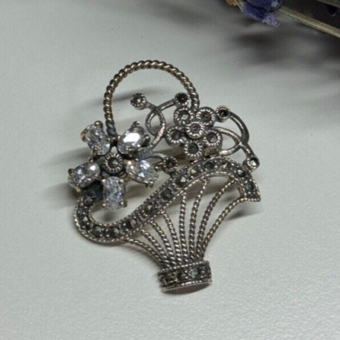 925 Sterling Silver CZ & Marcasites Flowers Brooch