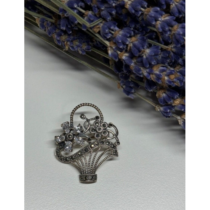 925 Sterling Silver CZ & Marcasites Flowers Brooch