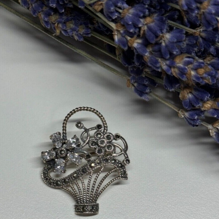 925 Sterling Silver CZ & Marcasites Flowers Brooch