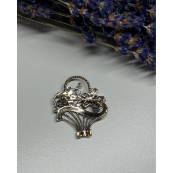 925 Sterling Silver CZ & Marcasites Flowers Brooch