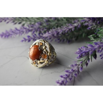 925 Sterling Silver Gold Plated Amber & Spessartine Ring Size 6.5
