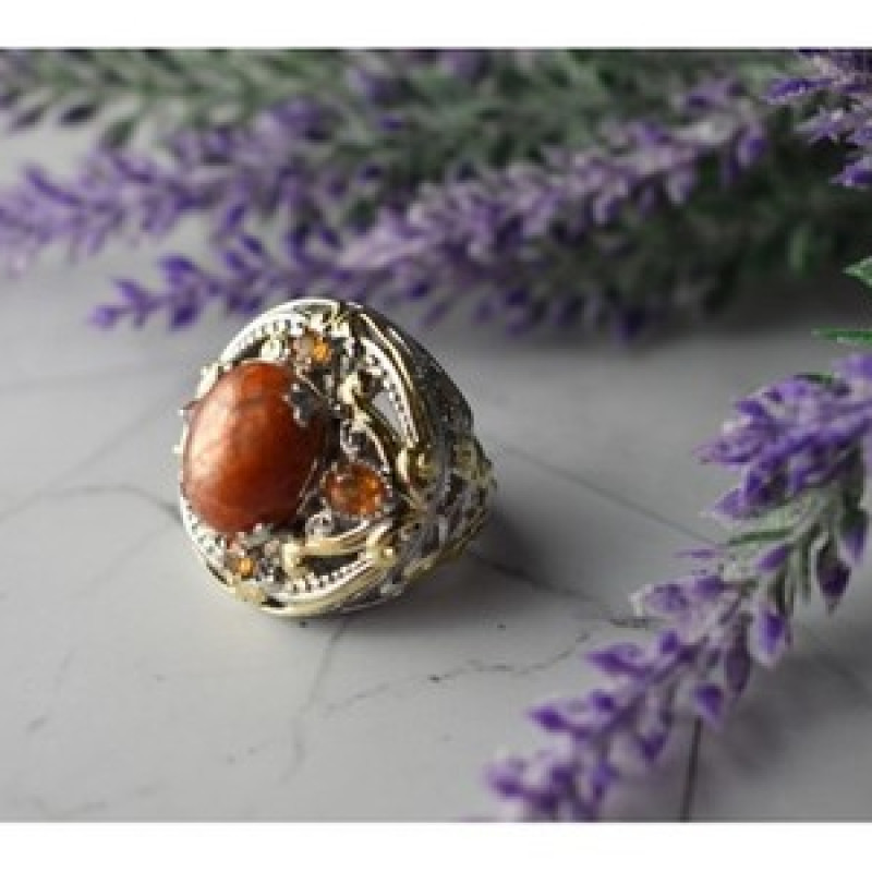 925 Sterling Silver Gold Plated Amber & Spessartine Ring Size 6.5