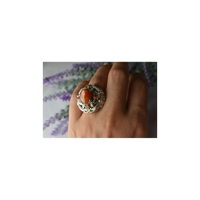 925 Sterling Silver Gold Plated Amber & Spessartine Ring Size 6.5