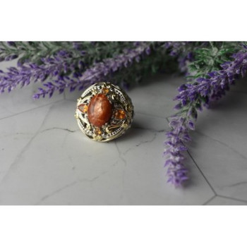 925 Sterling Silver Gold Plated Amber & Spessartine Ring Size 6.5