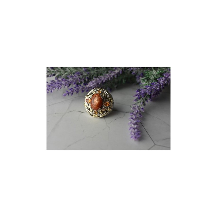 925 Sterling Silver Gold Plated Amber & Spessartine Ring Size 6.5