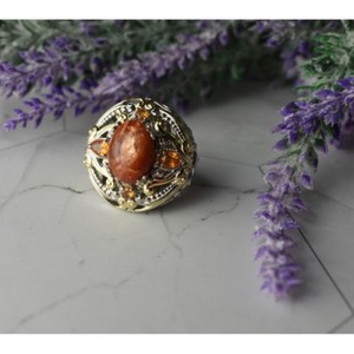 925 Sterling Silver Gold Plated Amber & Spessartine Ring Size 6.5