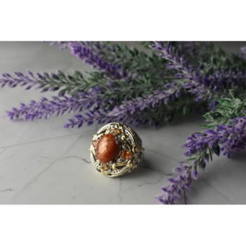 925 Sterling Silver Gold Plated Amber & Spessartine Ring Size 6.5