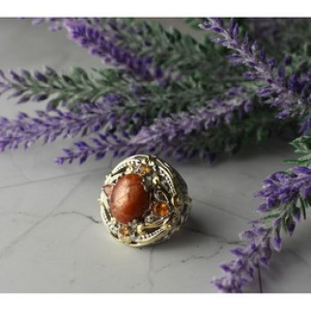 925 Sterling Silver Gold Plated Amber & Spessartine Ring Size 6.5