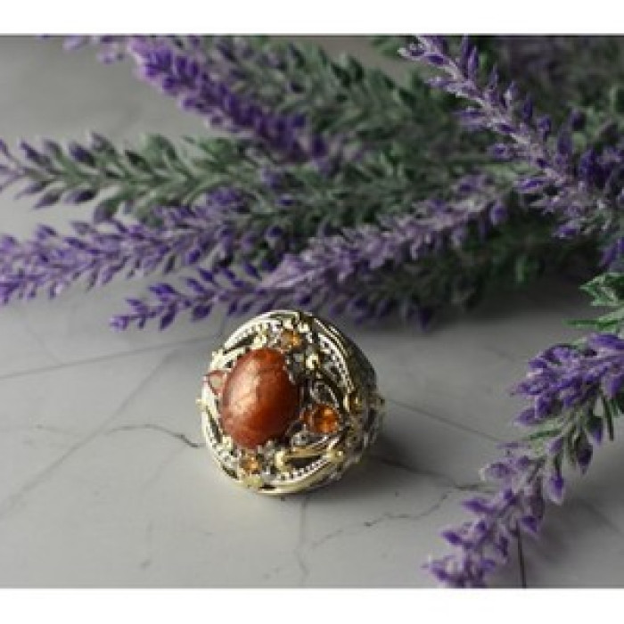 925 Sterling Silver Gold Plated Amber & Spessartine Ring Size 6.5