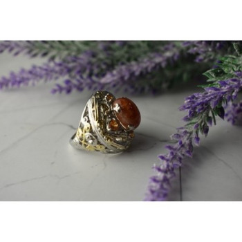 925 Sterling Silver Gold Plated Amber & Spessartine Ring Size 6.5