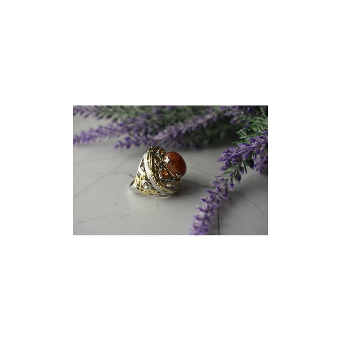 925 Sterling Silver Gold Plated Amber & Spessartine Ring Size 6.5