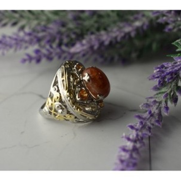 925 Sterling Silver Gold Plated Amber & Spessartine Ring Size 6.5