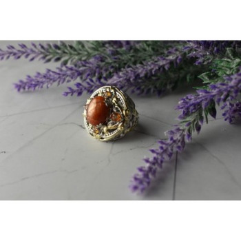 925 Sterling Silver Gold Plated Amber & Spessartine Ring Size 6.5