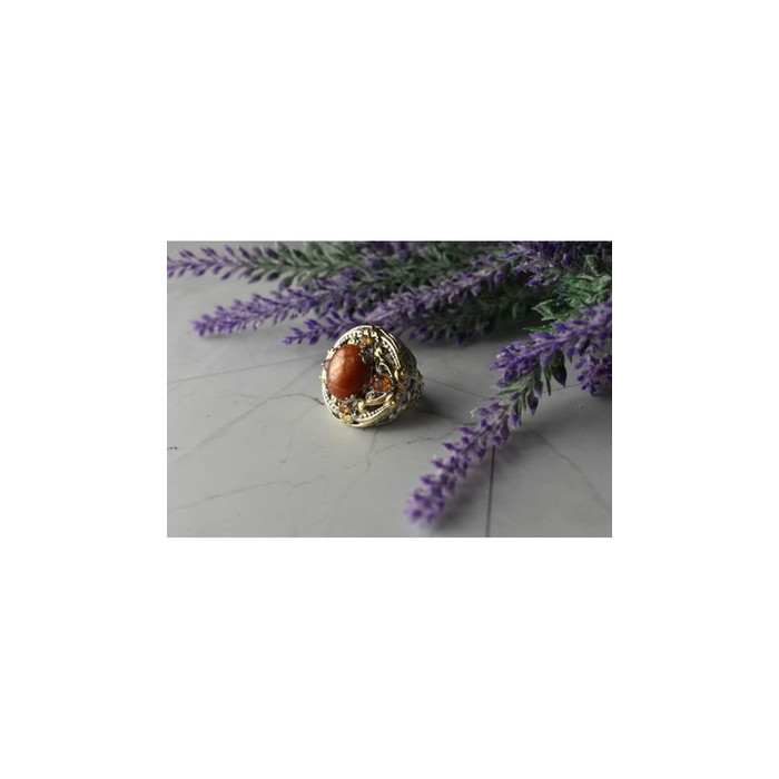 925 Sterling Silver Gold Plated Amber & Spessartine Ring Size 6.5
