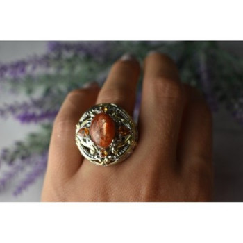 925 Sterling Silver Gold Plated Amber & Spessartine Ring Size 6.5