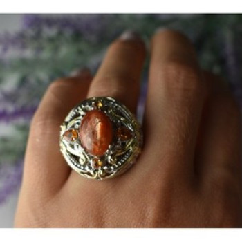 925 Sterling Silver Gold Plated Amber & Spessartine Ring Size 6.5