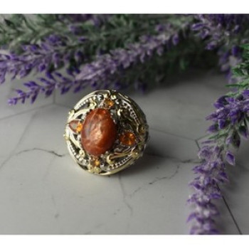 925 Sterling Silver Gold Plated Amber & Spessartine Ring Size 6.5