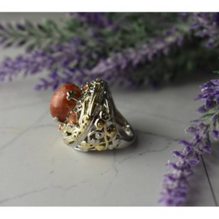925 Sterling Silver Gold Plated Amber & Spessartine Ring Size 6.5