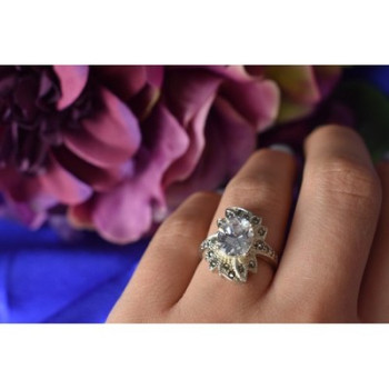 925 Sterling Silver CZ & Marcasites Ring Size 6.5