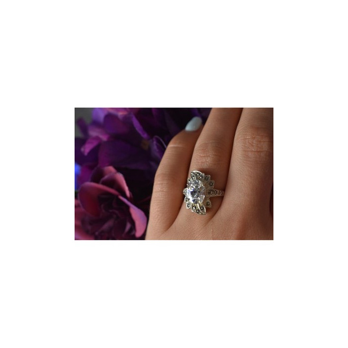 925 Sterling Silver CZ & Marcasites Ring Size 6.5