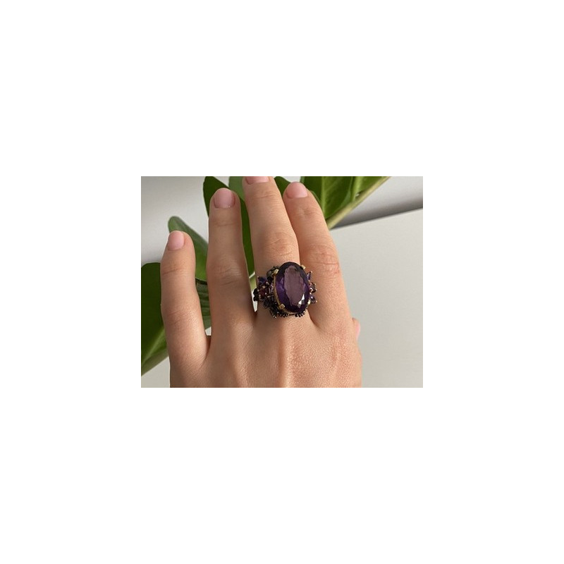 Blackened 925 Sterling Silver With Gilding Amethyst Ring Size 9