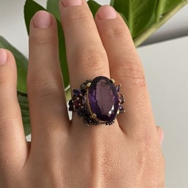 Blackened 925 Sterling Silver With Gilding Amethyst Ring Size 9