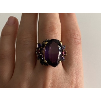 Blackened 925 Sterling Silver With Gilding Amethyst Ring Size 9