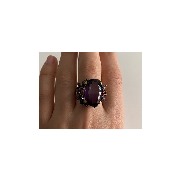 Blackened 925 Sterling Silver With Gilding Amethyst Ring Size 9