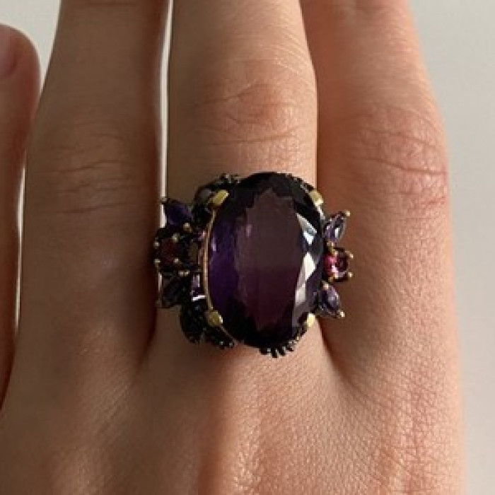 Blackened 925 Sterling Silver With Gilding Amethyst Ring Size 9