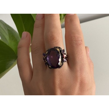 Blackened 925 Sterling Silver With Gilding Amethyst Ring Size 9