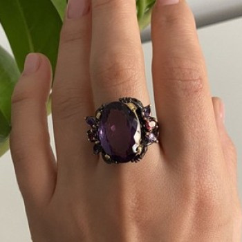 Blackened 925 Sterling Silver With Gilding Amethyst Ring Size 9
