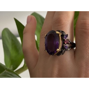 Blackened 925 Sterling Silver With Gilding Amethyst Ring Size 9