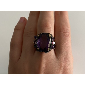 Blackened 925 Sterling Silver With Gilding Amethyst Ring Size 9