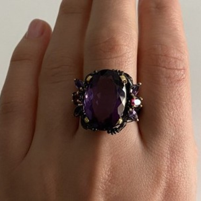 Blackened 925 Sterling Silver With Gilding Amethyst Ring Size 9