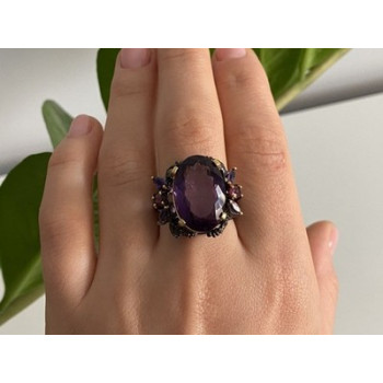Blackened 925 Sterling Silver With Gilding Amethyst Ring Size 9