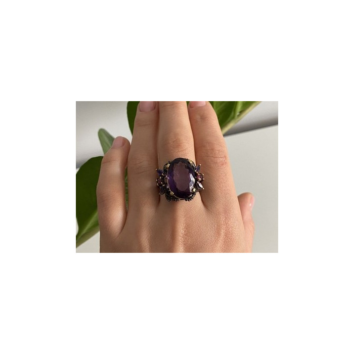 Blackened 925 Sterling Silver With Gilding Amethyst Ring Size 9