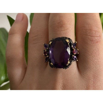 Blackened 925 Sterling Silver With Gilding Amethyst Ring Size 9