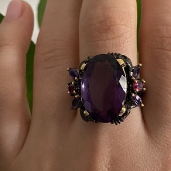 Blackened 925 Sterling Silver With Gilding Amethyst Ring Size 9