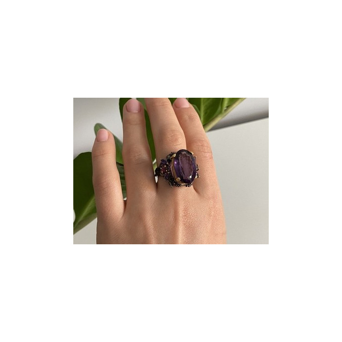 Blackened 925 Sterling Silver With Gilding Amethyst Ring Size 9