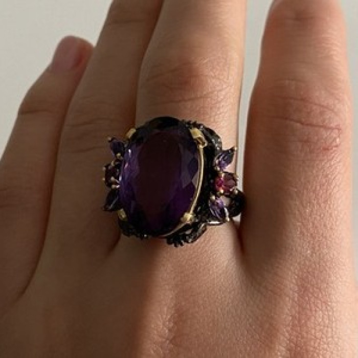 Blackened 925 Sterling Silver With Gilding Amethyst Ring Size 9
