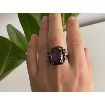 Blackened 925 Sterling Silver With Gilding Amethyst Ring Size 9