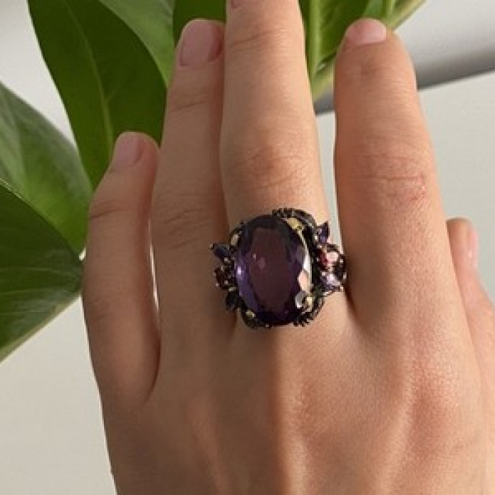 Blackened 925 Sterling Silver With Gilding Amethyst Ring Size 9