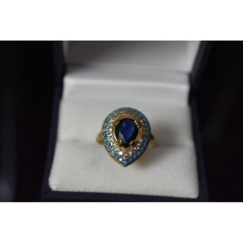 925 Sterling Silver Gold Plated Blue Alpanite, Turquoise & CZ Ring Size 8